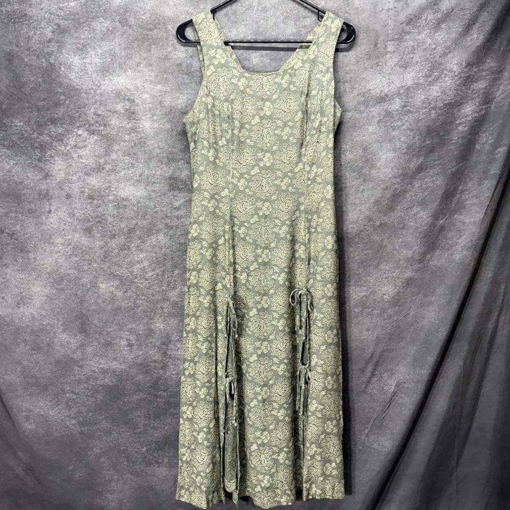 VTG 80s Wet Seal Paris Blues Sage Green Floral Brocade Maxi Dress Sz 11 Tie Slit